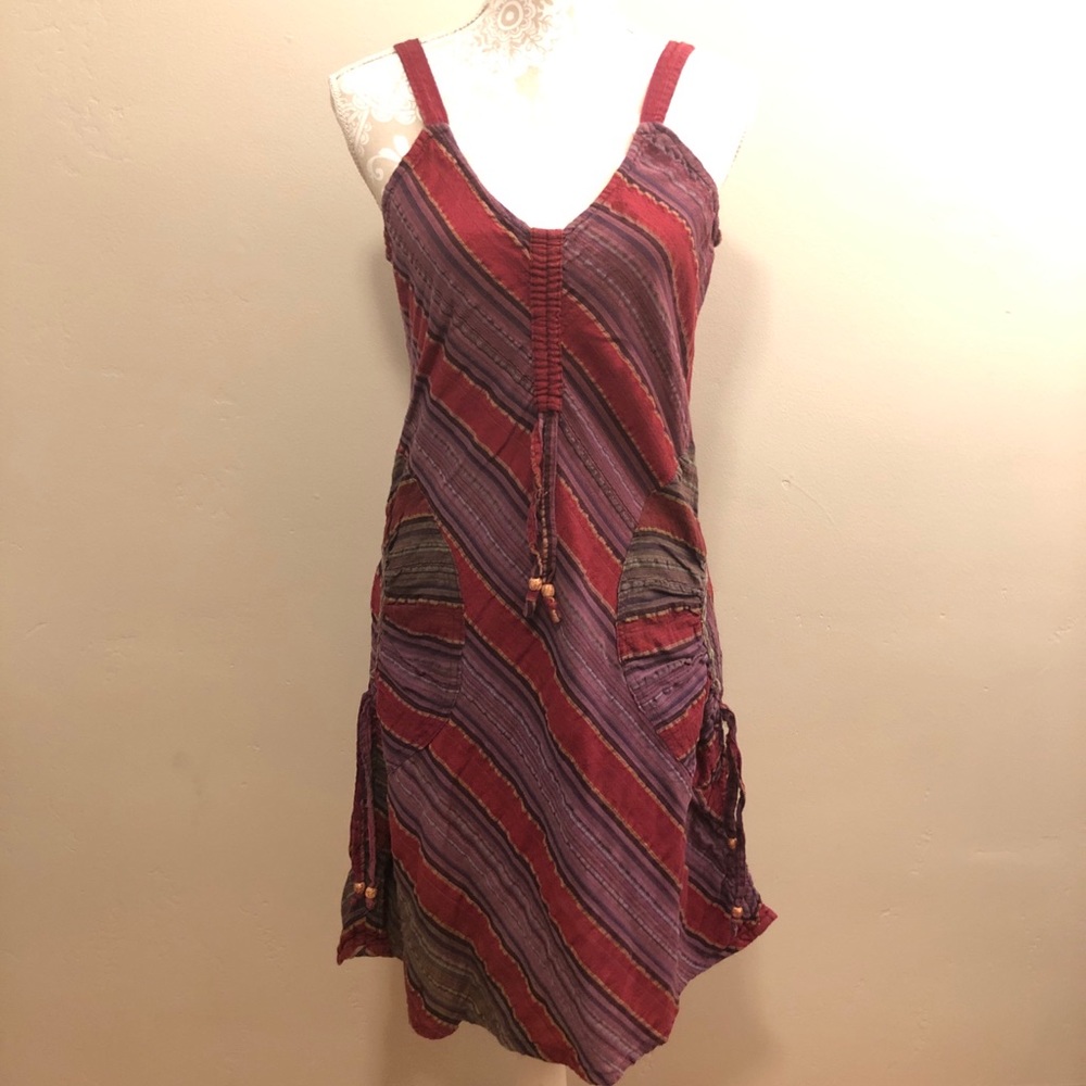 V-neck Cotton Striped Dress w Pockets